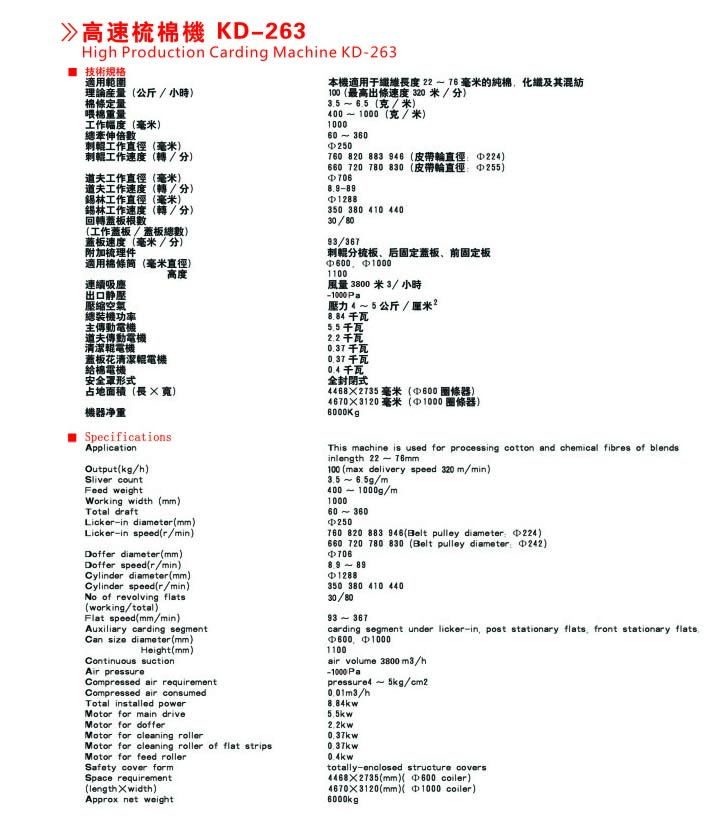 KD263型高速梳棉机